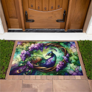Stained Glass Peacock Floral Wreath Art Doormat