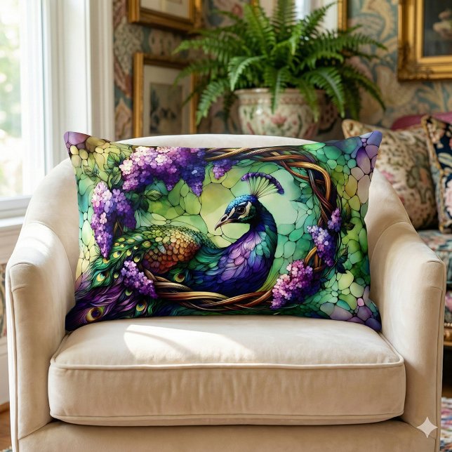 Stained Glass Peacock Floral Wreath Art Lumbar Pillow (Stained Glass Peacock Floral Wreath Art Lumbar Pillow Mockup A)
