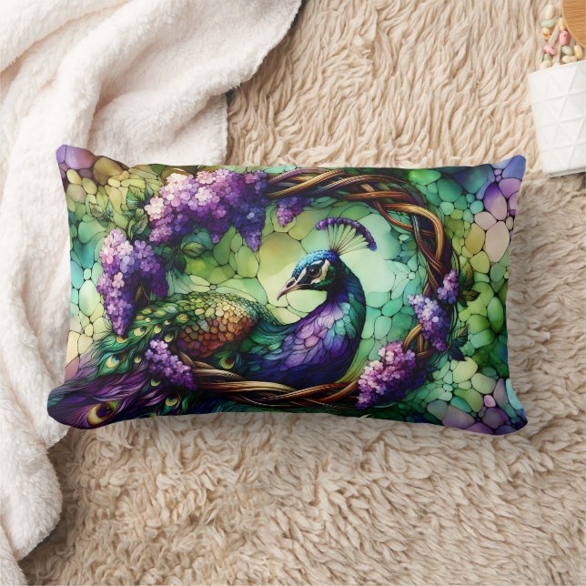 Stained Glass Peacock Floral Wreath Art Lumbar Pillow (Blanket)