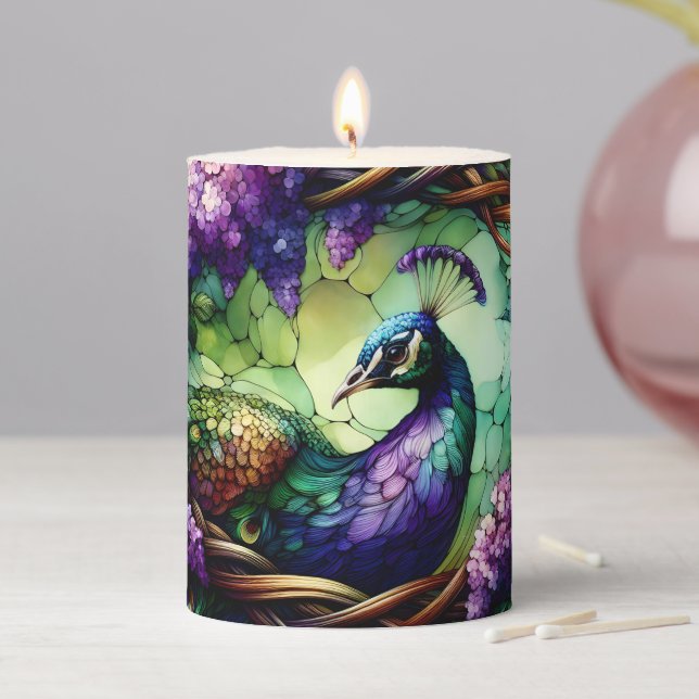 Stained Glass Peacock Floral Wreath Art Pillar Candle (In Situ)
