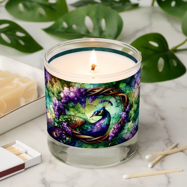 Stained Glass Peacock Floral Wreath Art Scented Candle (Lit)