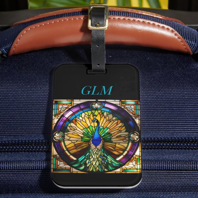 Stained Glass Peacock Luggage Tag (Front Insitu 2)