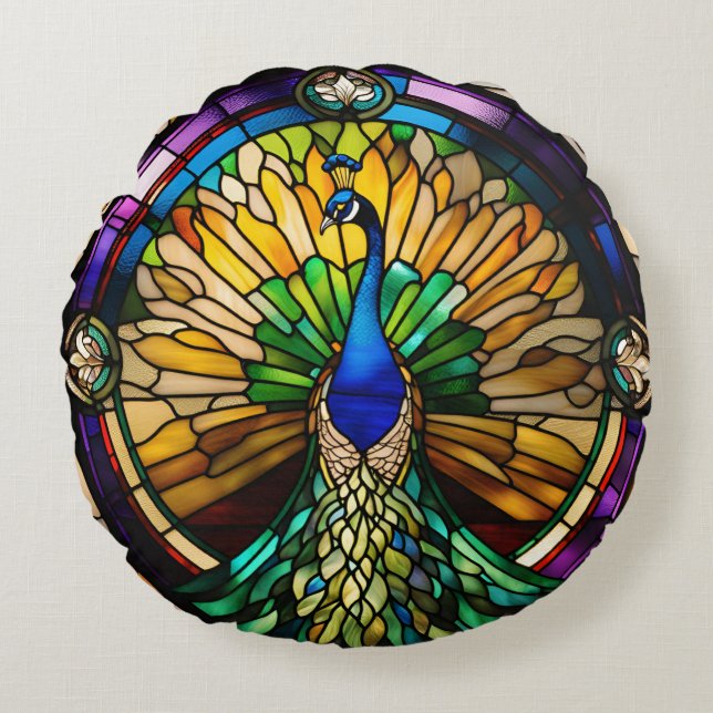 Stained Glass Peacock Round Pillow (Front)