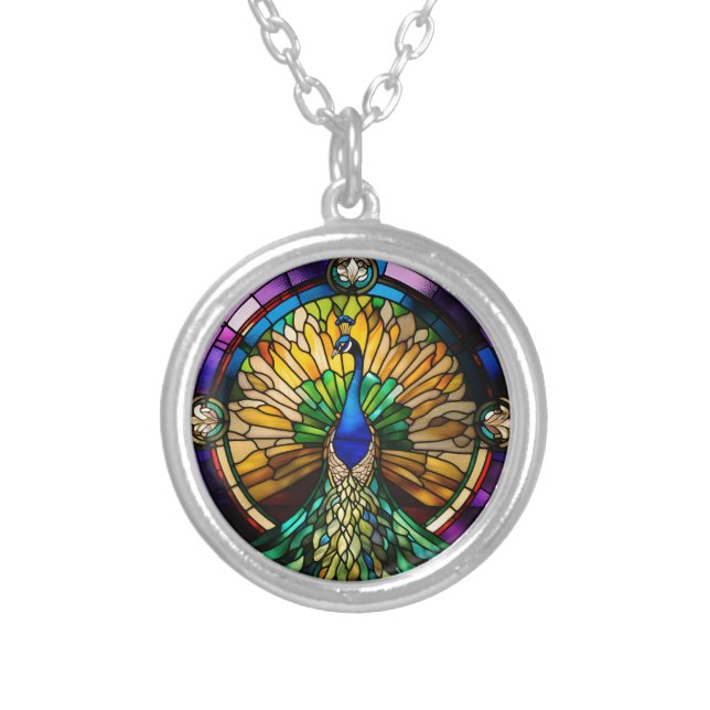 Stained Glass Peacock Silver Plated Necklace (Front)