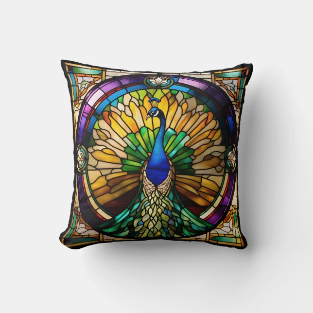 Stained Glass Peacock Throw Pillow (Front)