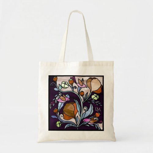 Stained glass pink birds and red flowers monogram tote bag