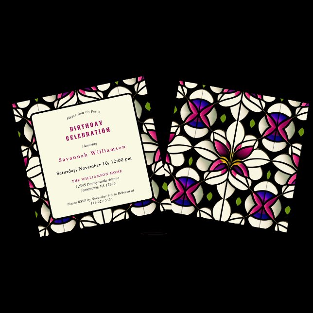 Stained Glass Pink Lily Customizable Birthday Invitation (Creator Uploaded)