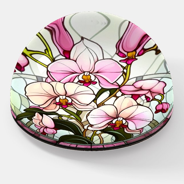 Stained Glass Pink Orchid Plant Paperweight (Angled)