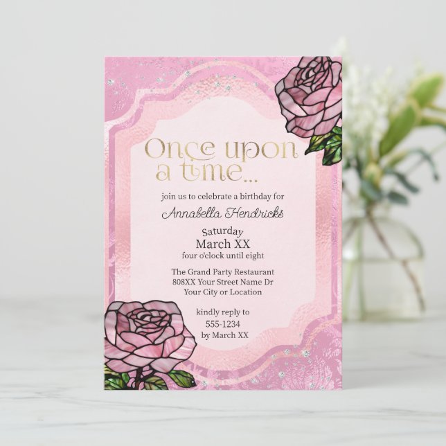 Stained Glass Pink Roses Sleeping Beauty Fairytale Invitation (Standing Front)