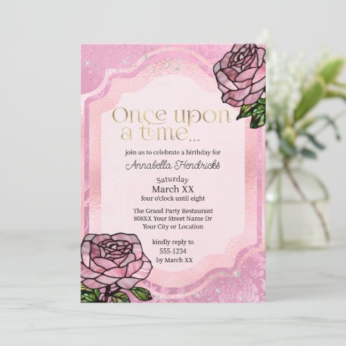 Stained Glass Pink Roses Sleeping Beauty Fairytale Invitation