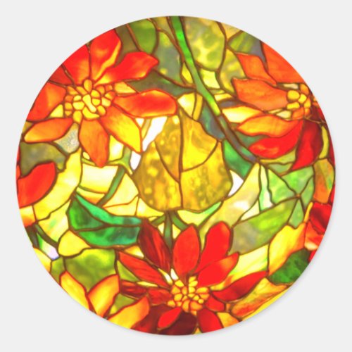 Stained glass poinsettia flower vintage floral classic round sticker