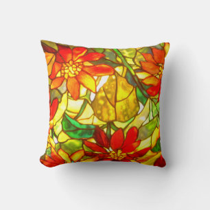 Stained glass poinsettia flower vintage floral throw pillow