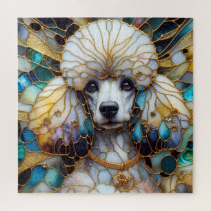 Stained glass Poodle vibrant yellow blue  Jigsaw Puzzle