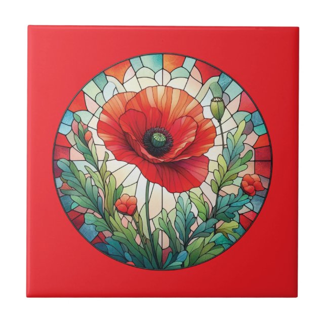 Stained Glass Poppy Ceramic Tile (Front)