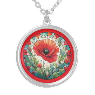 Stained Glass Poppy Silver Plated Necklace