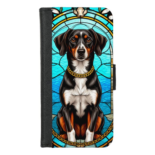 Stained Glass Portrait of a Dog With Gold Chain iPhone Wallet Case (Front)