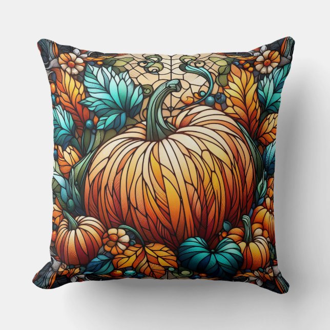 Stained Glass Pumpkin Art Throw Pillow (Front)
