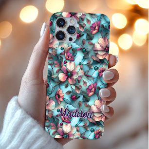 Stained glass purple blue floral iPhone 16 case