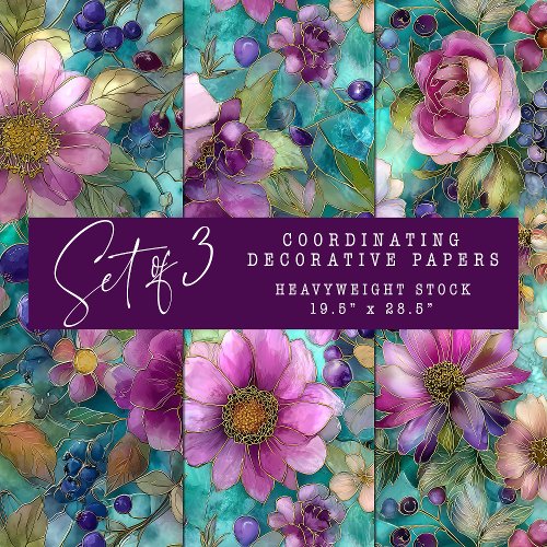 STAINED GLASS PURPLE FLORAL DECORATIVE PAPER SET