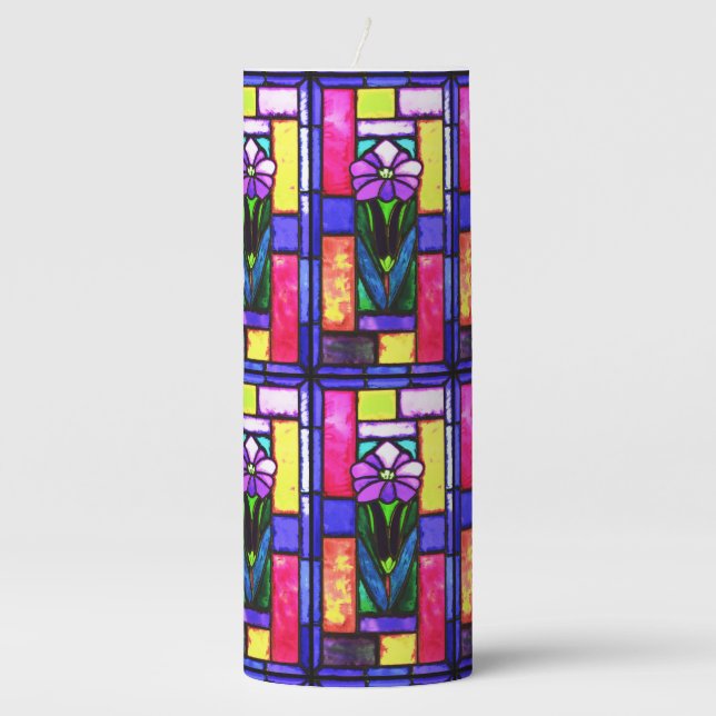 Stained Glass Purple Flower Pillar Candle (Front)