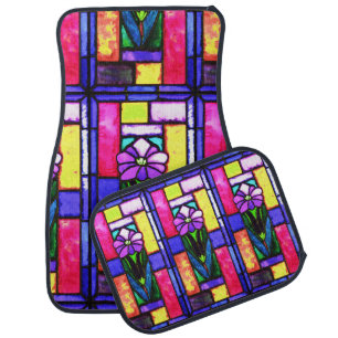Stained Glass Purple Flower Set of Car Mats