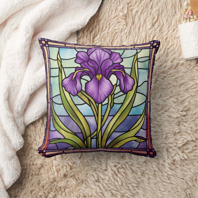 Stained Glass Purple Iris Throw Pillow (Blanket)
