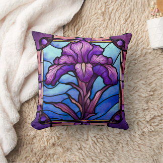 Stained Glass Purple Iris Throw Pillow
