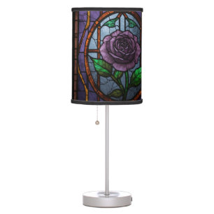 Stained Glass Purple Rose Design Table Lamp