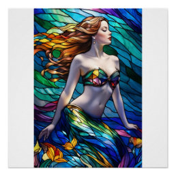 Stained glass rainbow mermaid poster