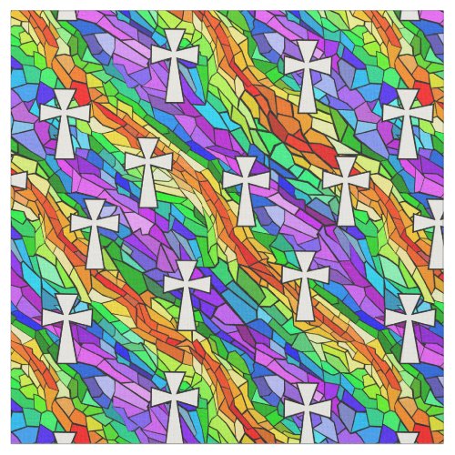 Stained Glass Rainbow with Crosses Fabric