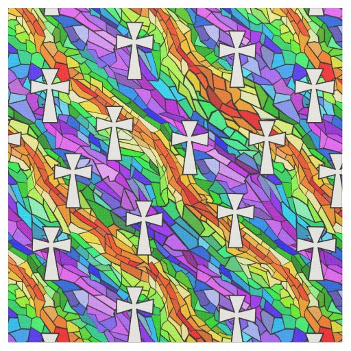 Stained Glass Rainbow with Crosses Fabric