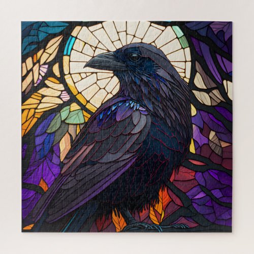 Stained Glass Raven Witchs Familiar Large  Jigsaw Puzzle