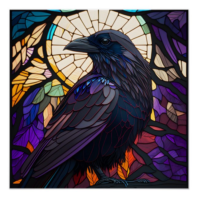 Stained Glass Raven, Witch's Familiar, Large  Poster (Front)