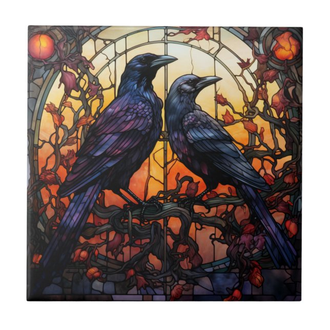 Stained Glass Ravens  Ceramic Tile (Front)