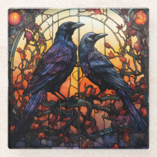 Stained Glass Ravens Glass Coaster