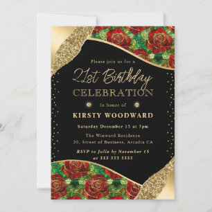 Stained Glass Red and Gold Roses 21st Birthday Invitation