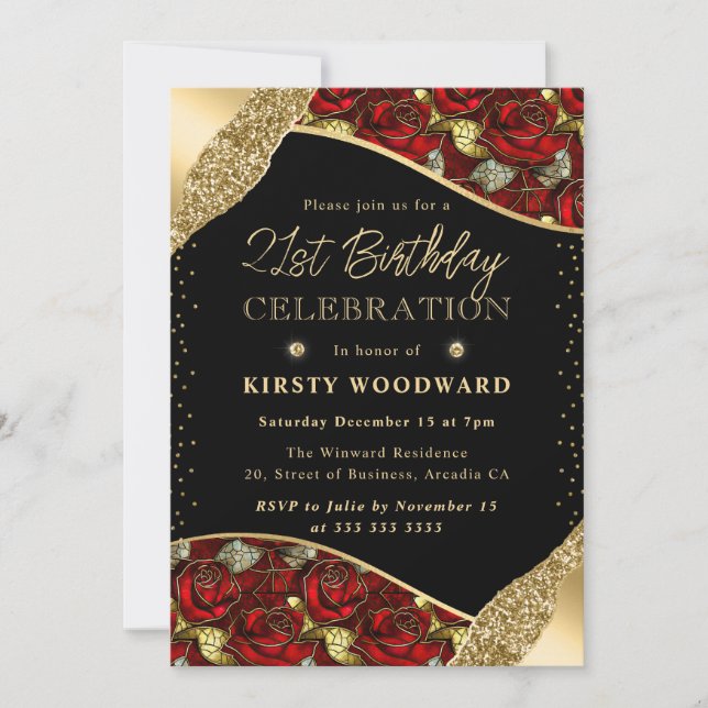 Stained Glass Red and Gold Roses 21st Birthday Invitation (Front)
