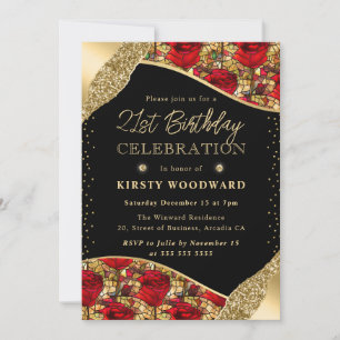 Stained Glass Red and Gold Roses 21st Birthday Invitation