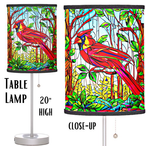 Stained Glass Red Bird in Forest Blue Sky Table Lamp