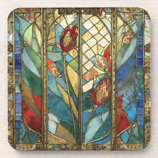 Stained Glass Red Chief Poppies at Sunrise Beverage Coaster (Front)