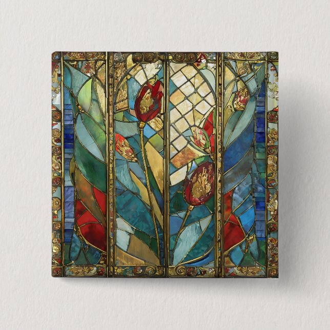 Stained Glass Red Chief Poppies at Sunrise Button (Front)