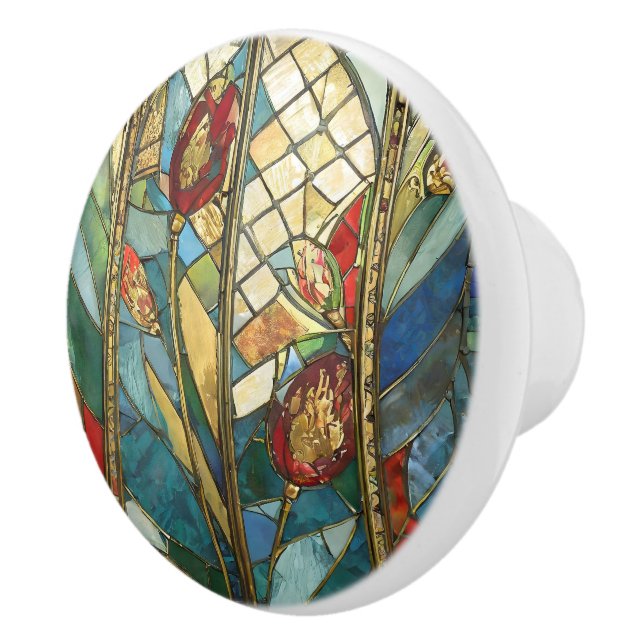 Stained Glass Red Chief Poppies at Sunrise Ceramic Knob (Right)
