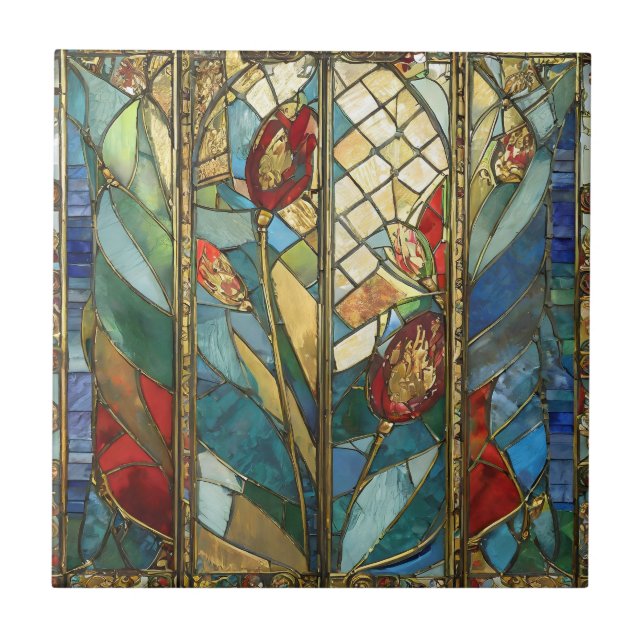 Stained Glass Red Chief Poppies at Sunrise Ceramic Tile (Front)