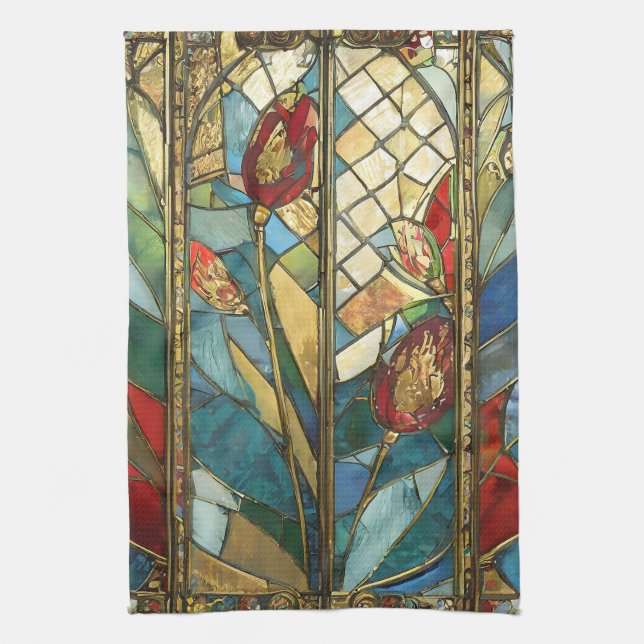 Stained Glass Red Chief Poppies at Sunrise Kitchen Towel (Vertical)