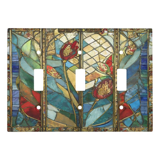 Stained Glass Red Chief Poppies at Sunrise Light Switch Cover (Front)