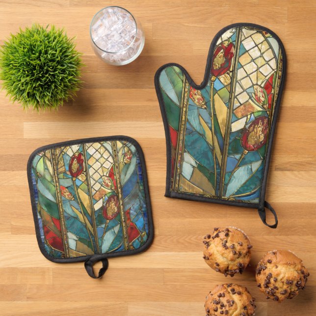 Stained Glass Red Chief Poppies at Sunrise Oven Mitt & Pot Holder Set (Top Down)