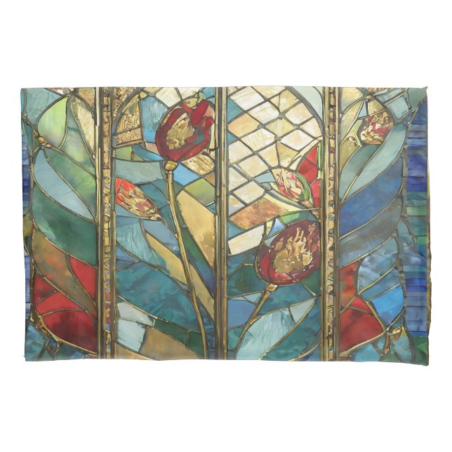 Stained Glass Red Chief Poppies at Sunrise Pillow Case (Front)