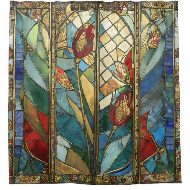 Stained Glass Red Chief Poppies at Sunrise Shower Curtain (Front)