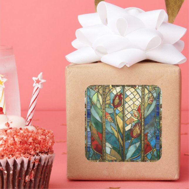 Stained Glass Red Chief Poppies at Sunrise Square Sticker (Party)