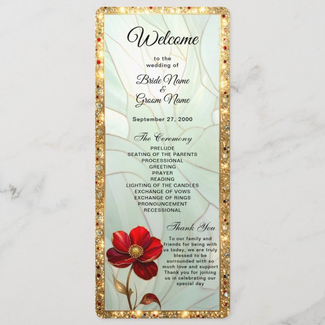 Stained Glass Red Flower Wedding Program (Front)
